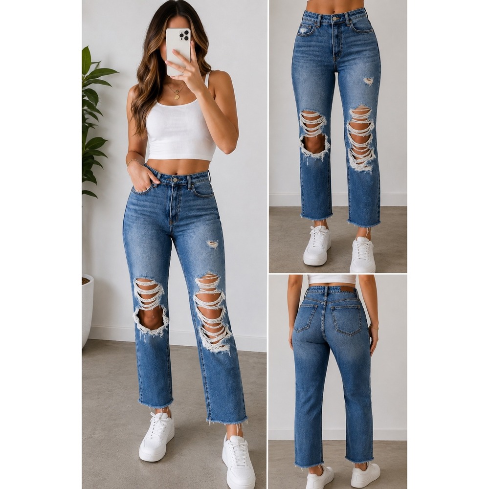 Cello High Rise Distressed Straight Leg Jeans Size 7 Medium Wash - Picture 1 of 8